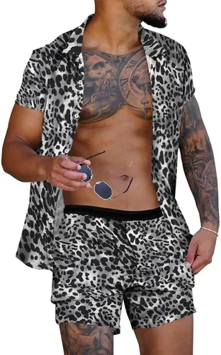 Miniatura 4 de Conjunto de camisas cortas de traje de playa YAOGRO para hombre 2 piezas a juego con estampado floral hawaiano