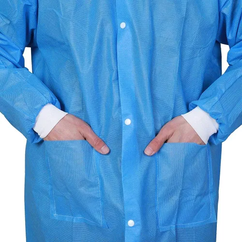 Miniatura 6 de Greenour Disposable Lab Coat Blue SMS with Pockets for Adult Knitted Collar and Cuffs Breathable Fluid Resistant