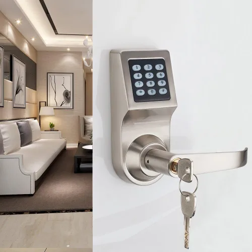 Miniatura 5 de Cerradura digital para puerta, desbloquea con control remoto, Tarjeta, código y llave M1, Manija con dirección reversible.