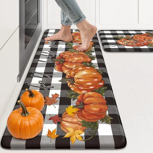 Miniatura 14 de KIMODE Tapetes Antifatiga para Piso de Cocina 17"x47"+17"x29", Juego de 2 Alfombras de Cocina a Cuadros Marrón y Blanco, Tapete de Cocina