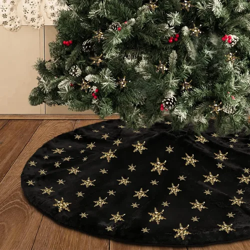 Miniatura 30 de Faldones de Felpa para Árbol de Navidad, 24 pulgadas, Lujosa Cubierta de Base de Árbol de Navidad de Piel Sintética Negra con Copos de Nieve Dorados