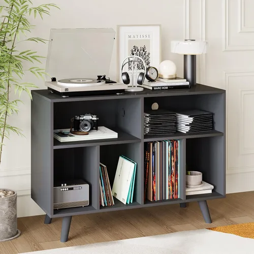 IDEALHOUSE Soporte para tocadiscos con almacenamiento de vinilo, 39.5 pulgadas, soporte grande para tocadiscos de vinilo de madera, soporte para