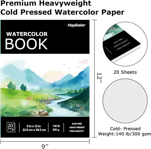 Miniatura 5 de Bloc de papel de acuarela, papel de acuarela de 9 x 12 pulgadas, libro de papel de dibujo de pintura de artista de 140 libras/10.58 oz/m²