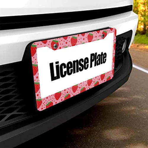 Miniatura 5 de Lindo patrón de fresa fruta rosa soporte para placa de matrícula lunares marco rojo placa accesorios de coche 2 agujeros novedad auto etiqueta