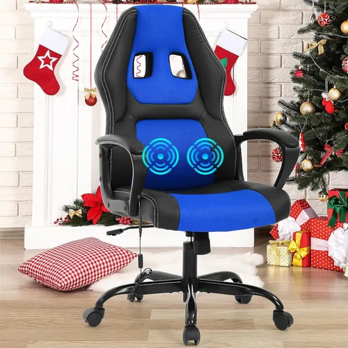 BLKMTY Silla de juegos de PC, silla de escritorio ergonómica de masaje, sillas de carreras de piel sintética ajustable con soporte lumbar, Azul
