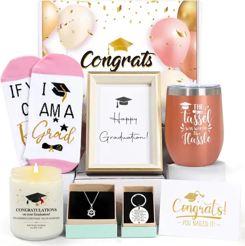 Miniatura 14 de Regalos de graduación 2025, regalos de felicitación para ella con vaso de vino de 12 OZ, vela, marcos, llavero, regalos de graduación universitaria