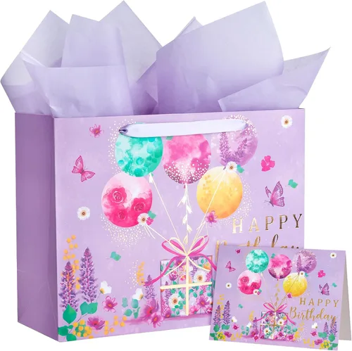 Miniatura 12 de WRAPAHOLIC Bolsa grande de regalo de cumpleaños para mamá de 13 pulgadas con tarjeta y papel de seda, elegante diseño floral con diseño de feliz
