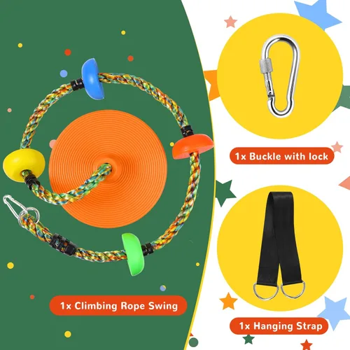 Miniatura 2 de Columpio de árbol para niños, juego de cuerda de escalada de asiento de un solo disco resistente con correa para colgar y mosquetones de plataforma