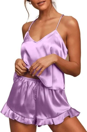Miniatura 3 de Ekouaer Conjunto de camisola de pijama de seda con volantes para mujer