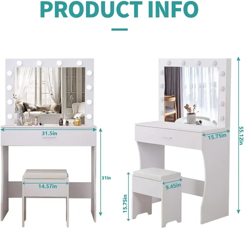 Miniatura 5 de Vabches Tocador de maquillaje con luces, Mesa tocador de maquillaje, Brillo ajustable, Cajón grande tocador resistente para dormitorio estudio