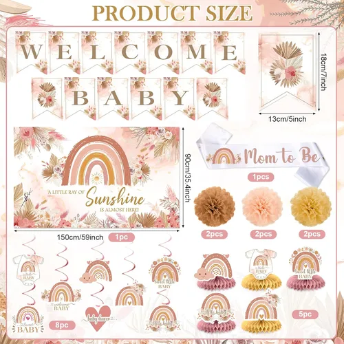 Miniatura 3 de Decoraciones de baby shower estilo bohemio rosa para niña, A Little Ray of Sunshine is Almost Here Boho Rainbow Welcome Baby Banner telón de fondo