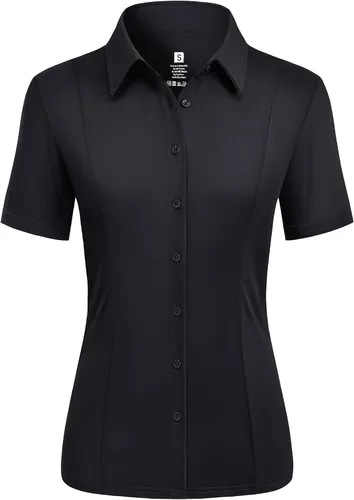 Miniatura 13 de Camisas con botones para mujer, elásticas, de manga corta, con cuello, sin arrugas, básica, de negocios, blusa de trabajo