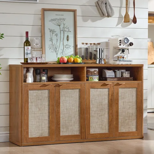 Miniatura 16 de LEYAOYAO Gabinete de buffet acanalado con almacenamiento, aparador de madera de 45 pulgadas de ancho con 3 puertas y estante de almacenamiento