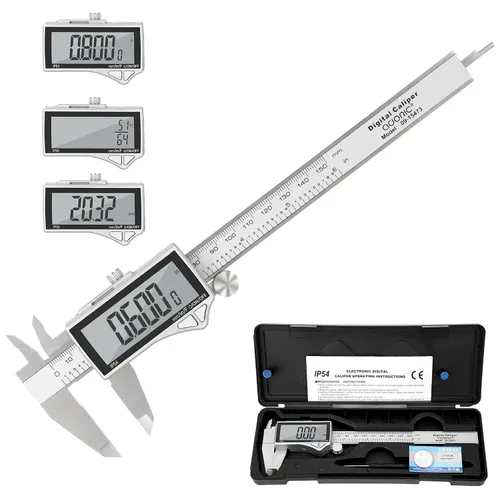 Miniatura 12 de Adoric - Calibrador digital electrónico, calibre digital electrónico con cuerpo de acero inoxidable y pantalla LCD grande 0-6 pulgadas Plateado