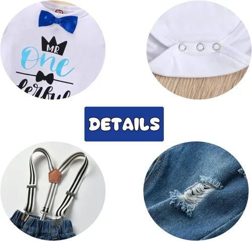 Miniatura 36 de Conjunto de ropa de cumpleaños para bebé niño pequeño, con tirantes, pantalones de mezclilla rasgados