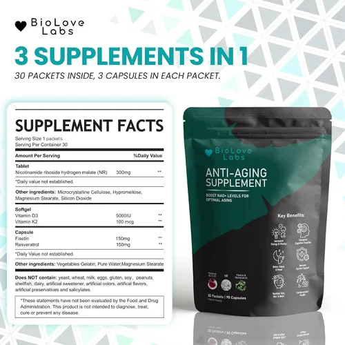 Miniatura 2 de NAD 3 en 1 Booster: ribósido de nicotinamida (NR), fisetina, resveratrol, K2 y D3 Apoya el envejecimiento saludable del cerebro, el cuerpo