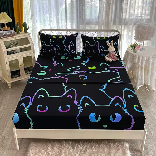 Miniatura 2 de BailiPromise Lindo juego de sábanas de dibujos animados de gatos, tamaño completo, sábanas de animales para niños con funda de almohada, sábana Son