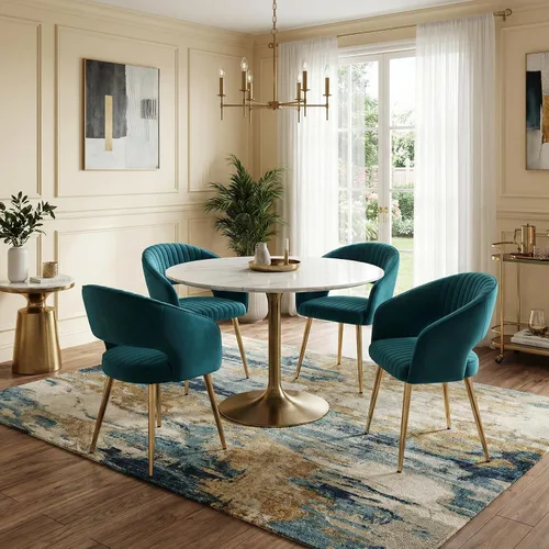 Miniatura 23 de Juego de 2 sillas de comedor modernas, tapizadas de piel sintética dorada con respaldo hueco, sillas de cocina con reposabrazos decorativos