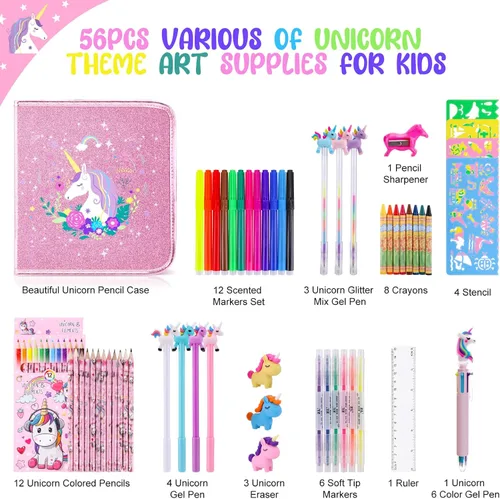 Miniatura 2 de MAIGOZON Juego de marcadores perfumados de frutas 56 piezas con estuche de unicornio con purpurina y papelería, suministros de arte para niños
