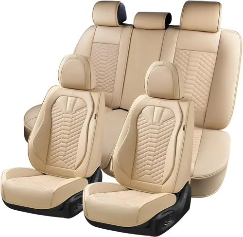 Miniatura 9 de Coverado Fundas de asiento delantero, 2 piezas de fundas de asiento universales para automóviles, de piel de napa transpirable, impermeable, Beige