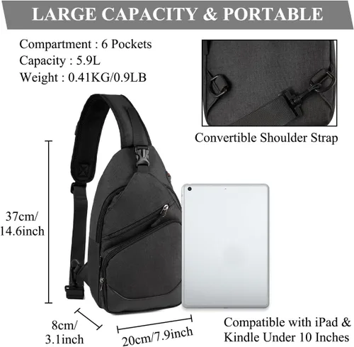 Miniatura 3 de VASCHY Bolso bandolera para hombres y mujeres, una correa sobre el hombro, mochila cruzada para el pecho, para senderismo, viajes, exteriores Negro
