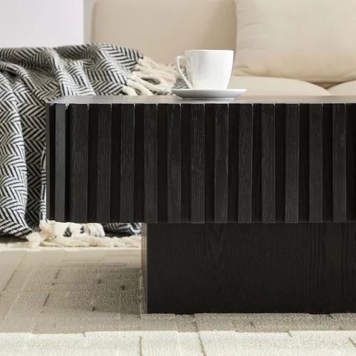Miniatura 5 de Mesa de Centro Cuadrada de 35.43'' para Sala de Estar Mesa de Centro Acanalada Mesa Central Moderna con Pedestal para Apartamento Negro