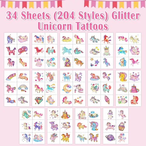 Miniatura 3 de Partywind Tatuajes temporales con purpurina de 204 estilos para niños y niñas, 34 hojas perforadas de tatuajes para niñas, suministros de fiesta