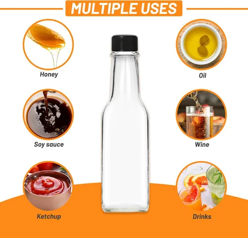 Miniatura 6 de Alotpower Paquete de 35 botellas de salsa picante de 5 onzas, botellas vacías de vidrio transparente con tapas de rosca negras a prueba de fugas