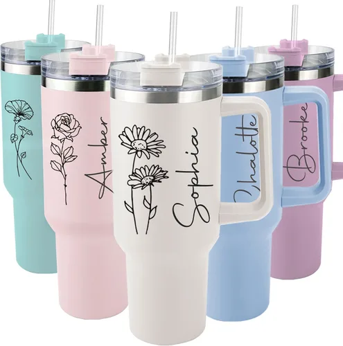 ThermoThrill Se envía al día siguiente, vaso personalizado de 40 onzas con asa y pajita Vaso personalizado con texto Taza de acero inoxidable