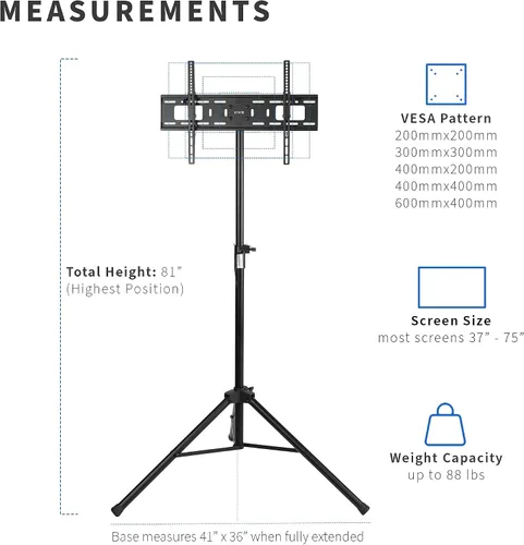 Miniatura 4 de VIVO Soporte de piso para pantalla plana LCD LED de 37 a 75 pulgadas, soporte de TV portátil con altura ajustable, negro, STAND-TV75T