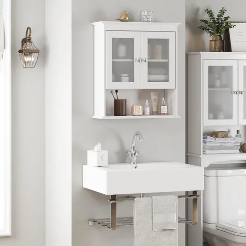 Miniatura 7 de Spirich Armario de baño montado en la pared, organizador de botiquín con puertas de vidrio y estantes ajustables, armario de pared de baño sobre