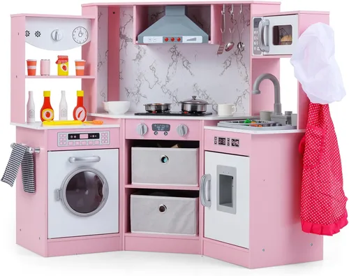 Miniatura 10 de Costzon Cocina de juego de esquina, juego de cocina de madera para niños pequeños con luces y sonidos, sistema de circulación de agua, lavadora