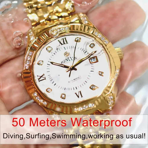 Miniatura 30 de BINLUN Reloj de pulsera para hombre, mecánico automático, reloj dorado con cuerda automática, elegante, chapado en oro de 18 quilates, relojes