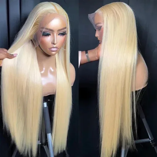 Miniatura 2 de Aubree Peluca de encaje frontal rubio 613, cabello largo y lacio, resistente al calor, fibra rubia, pelucas sintéticas sin pegamento, predepiladas