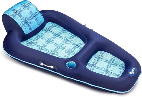 Aqua Luxury - Colchón inflable extralargo para piscina, flotador con reposacabezas, respaldo y reposapiés, diseño azul marino/azul claro