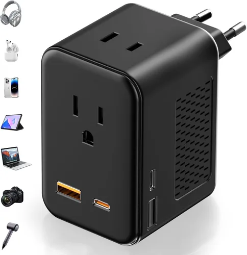 Convertidor de voltaje de 220 V a 110 V de EE. UU. a Europa, adaptador de viaje convertidor de enchufe para Europa con 20 W PD y 2USB-A y 2USB-C,