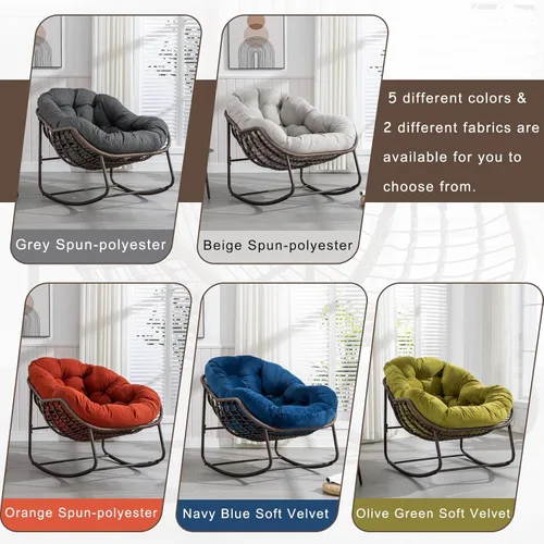 Miniatura 5 de Mecedora para patio al aire libre, cómoda silla mecedora de mimbre con cojín acolchado, silla de ratán de gran tamaño con marco de acero sólido
