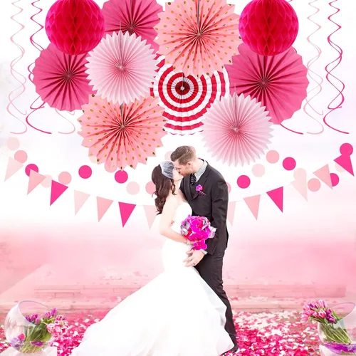 Miniatura 7 de Conjunto de decoraciones rosa intenso y rojo para fiestas - 33 piezas: Bandera, serpentinas, guirnalda con borlas, pompones de papel, panales