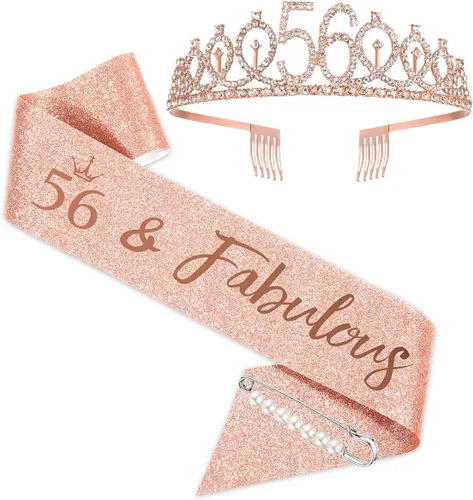 BRT Bearingshui Banda y tiara de cumpleaños número 56 para mujer, corona de banda de cumpleaños de oro rosa 56 fabulosa banda y tiara para mujer,