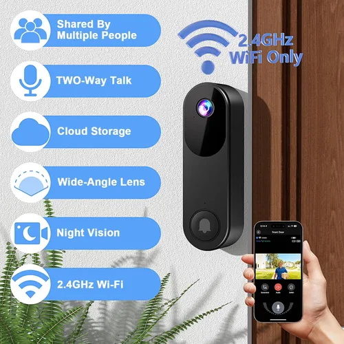 Miniatura 2 de Timbre de video inalámbrico con timbre, audio bidireccional, visión nocturna, timbres de video alimentados por batería, almacenamiento en la nube
