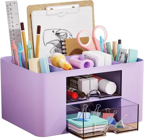 Miniatura 12 de Marbrasse Organizador de bolígrafos con 2 cajones, portaplumas multifuncional para escritorio, organizadores de escritorio y accesorios con 5