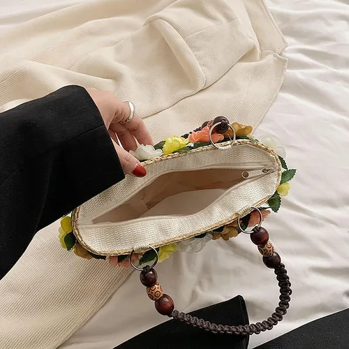 Miniatura 3 de Helenbra Bolso de mano de paja de flores para mujer, bolso de hombro con asa trenzada retro de verano, bolso de hombro bohemio para playa y viaje