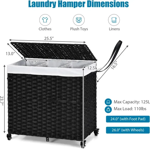 Miniatura 7 de GOFLAME Cesta de lavandería con tapa y ruedas, cesta de ratán tejida a mano de 125 litros con 3 secciones divididas, asas, 2 bolsas extraíbles