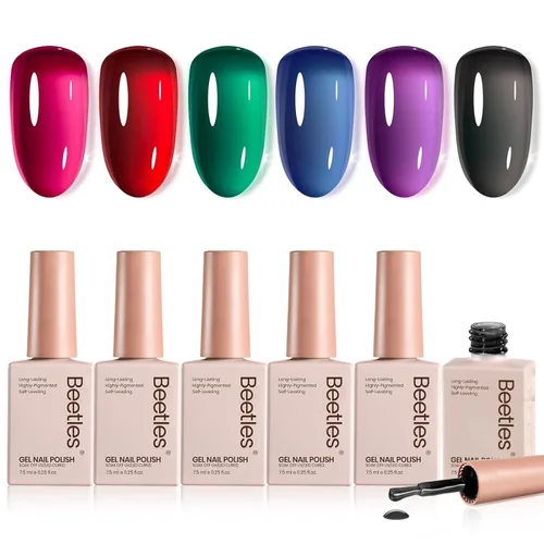 Beetles Jelly Gel Polish Set - Esmalte de uñas de gel mágico, kit de 6 colores de Navidad, esmalte de uñas de gel rosa, rojo, negro, azul, verde,