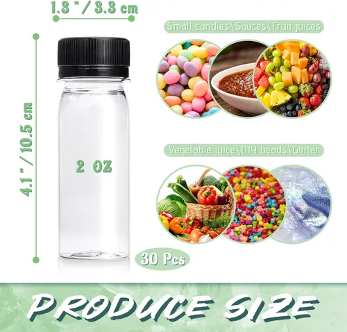 Miniatura 2 de Xuyyicao 30 Piezas Botellas Pequeñas de Plástico de 2 Oz para Líquidos, Botella para Shot de Jengibre con Tapas, Recipientes de Bebidas