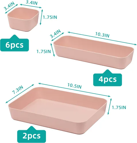 Miniatura 2 de Juego de 12 organizadores de cajones de escritorio de plástico de color rosa para maquillaje, baño, oficina, cocina, cajón, caja de almacenamiento