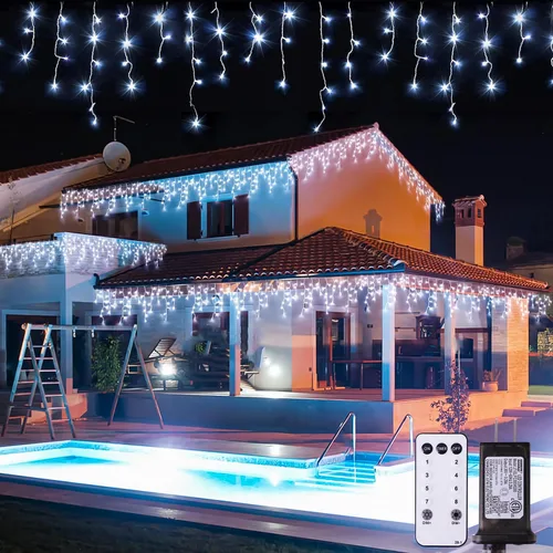 Miniatura 31 de JMEXSUSS 400 luces LED de Navidad de carámbano de 38.8 pies con control remoto, tira de luces multicolor para exteriores enchufables, 8 modos