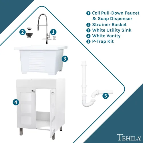 Miniatura 9 de JS Jackson Supplies - Fregadero blanco en tocador blanco, grifo de bobina desplegable de acero inoxidable, dispensador de jabón y armario espacioso
