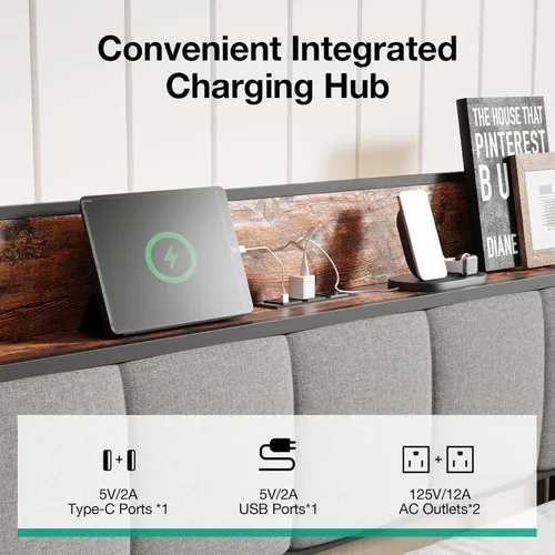 Miniatura 3 de Novilla Base de cama Queen con estación de carga USB/tipo C y cabecera de almacenamiento, marco de cama de plataforma de metal moderno, fácil