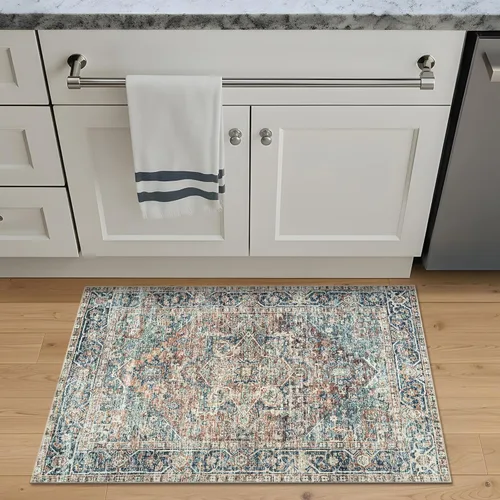 Miniatura 2 de Bloom Rugs Alfombra lavable antideslizante de 2 x 3 pies, color azul/verde/mandarina, alfombra tradicional oriental para sala de estar, dormitorio